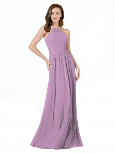 Großhandel Staubiger Lavendel A-Linien Neckholder Chiffon Lange Brautjungfernkleider