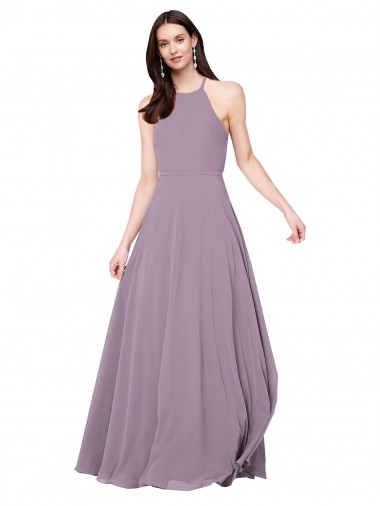 Großhandel Staubiger Lavendel A-Linien Neckholder Chiffon Lange Brautjungfernkleider