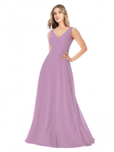 Großhandel Staubiger Lavendel A-Linien V-Ausschnitt Chiffon Lange Brautjungfernkleider