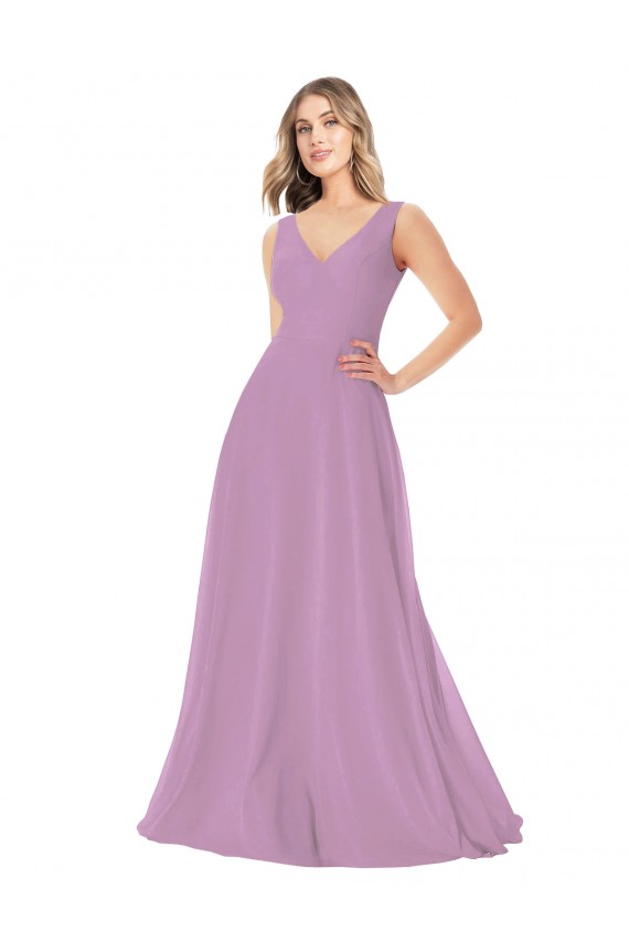 Großhandel Staubiger Lavendel A-Linien V-Ausschnitt Chiffon Lange Brautjungfernkleider