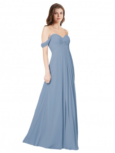 Großhandel Staubiges Blau A-Linien Chiffon Lange Brautjungfernkleider