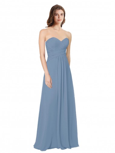 Großhandel Staubiges Blau A-Linien Chiffon Lange Brautjungfernkleider