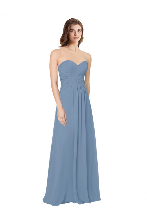 Großhandel Staubiges Blau A-Linien Chiffon Lange Brautjungfernkleider