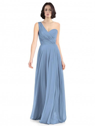 Großhandel Staubiges Blau A-Linien Eine-Schulter Chiffon Lange Brautjungfernkleider