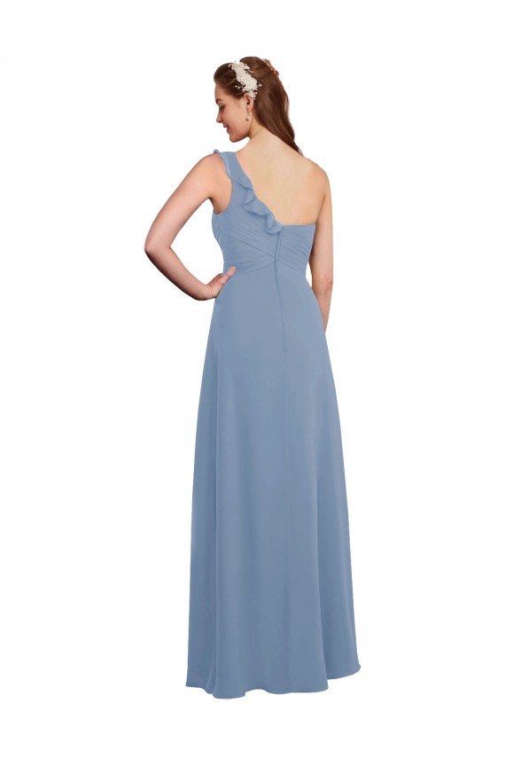 Großhandel Staubiges Blau A-Linien Eine-Schulter Chiffon Lange Brautjungfernkleider