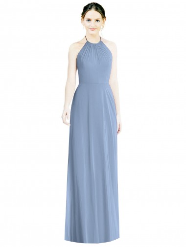 Großhandel Staubiges Blau A-Linien Neckholder Chiffon Lange Brautjungfernkleider