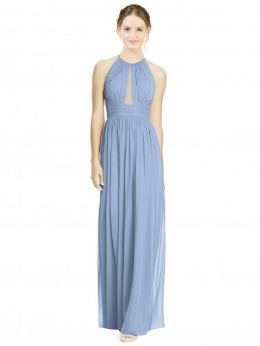 Großhandel Staubiges Blau A-Linien Neckholder Chiffon Lange Brautjungfernkleider