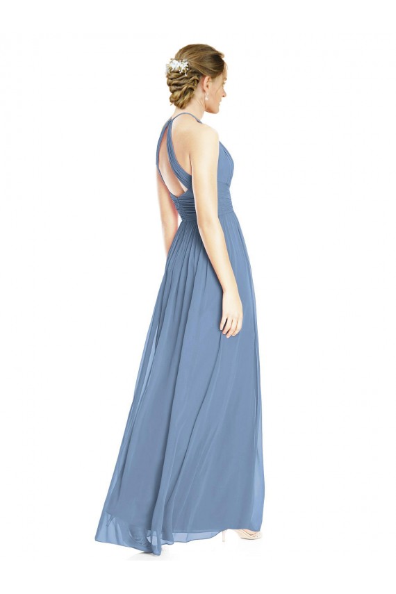 Großhandel Staubiges Blau A-Linien Neckholder Chiffon Lange Brautjungfernkleider