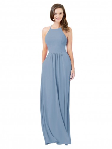 Großhandel Staubiges Blau A-Linien Neckholder Chiffon Lange Brautjungfernkleider