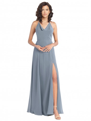 Großhandel Staubiges Blau A-Linien Neckholder Haube Ausschnitt Chiffon Lange Brautjungfernkleider