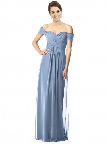 Großhandel Staubiges Blau A-Linien Off-Schulter Chiffon Lange Brautjungfernkleider