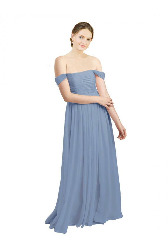 Großhandel Staubiges Blau A-Linien Off-Schulter Chiffon Lange Brautjungfernkleider