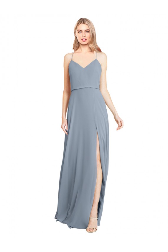 Großhandel Staubiges Blau A-Linien Off-Schulter Spaghetti-Träger Chiffon Lange Brautjungfernkleider