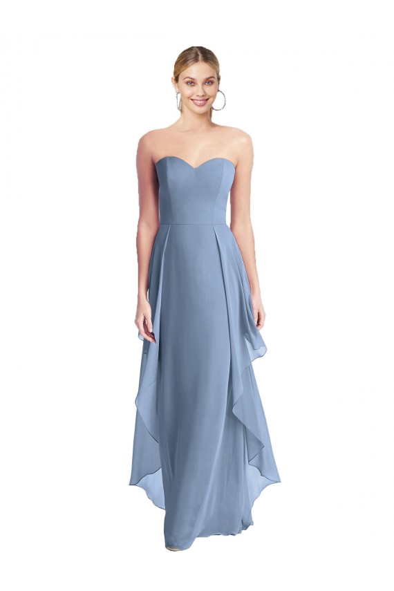 Großhandel Staubiges Blau A-Linien Trägerlos Chiffon Lange Brautjungfernkleider
