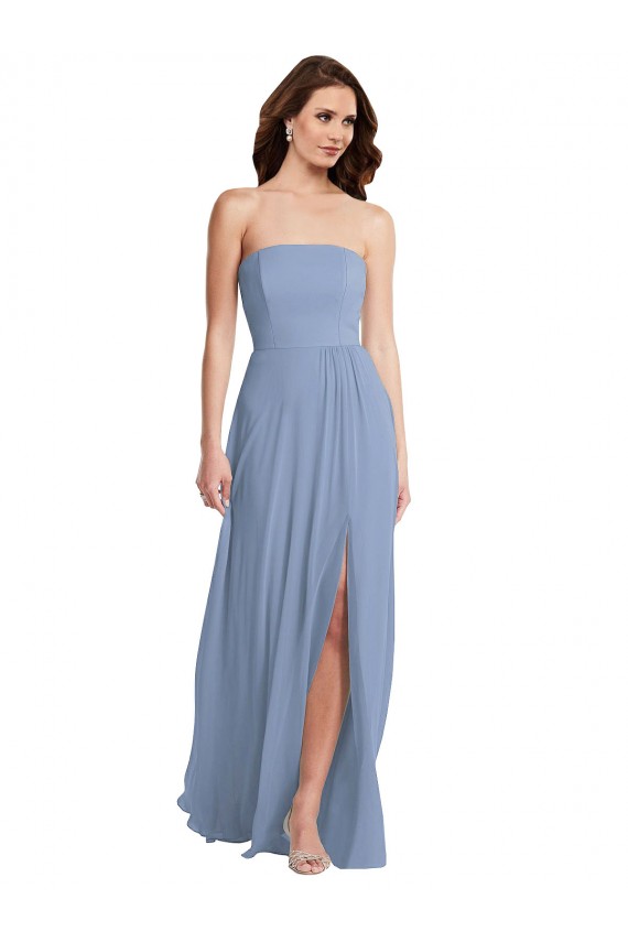 Großhandel Staubiges Blau A-Linien Trägerlos Chiffon Lange Brautjungfernkleider