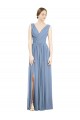 Großhandel Staubiges Blau A-Linien V-Ausschnitt Chiffon Lange Brautjungfernkleider