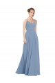 Großhandel Staubiges Blau A-Linien V-Ausschnitt Chiffon Lange Brautjungfernkleider
