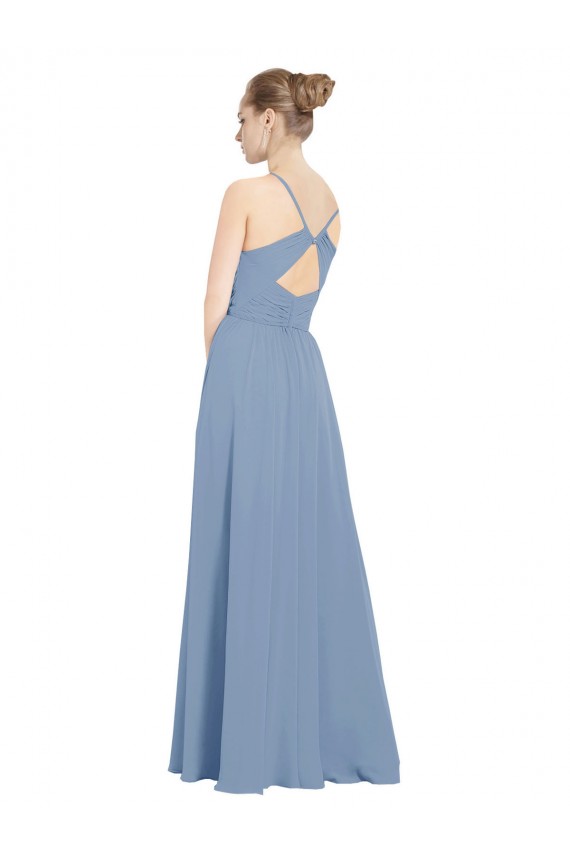 Großhandel Staubiges Blau A-Linien V-Ausschnitt Chiffon Lange Brautjungfernkleider