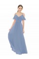 Großhandel Staubiges Blau A-Linien V-Ausschnitt Chiffon Lange Brautjungfernkleider