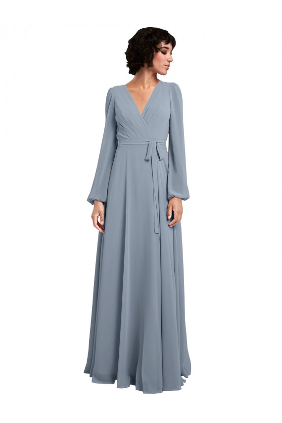 Großhandel Staubiges Blau A-Linien V-Ausschnitt Chiffon Lange Brautjungfernkleider