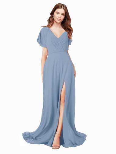 Großhandel Staubiges Blau A-Linien V-Ausschnitt Chiffon Lange Brautjungfernkleider / Abiballkleider