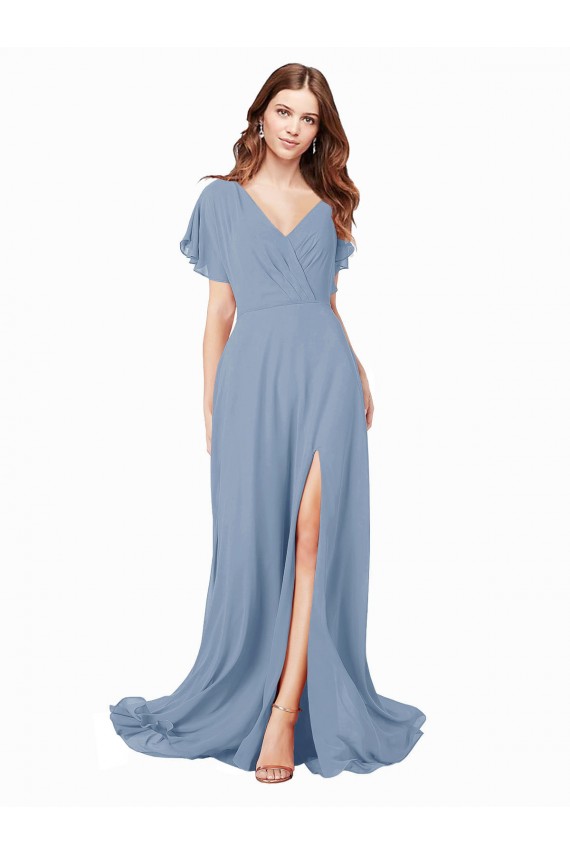 Großhandel Staubiges Blau A-Linien V-Ausschnitt Chiffon Lange Brautjungfernkleider / Abiballkleider