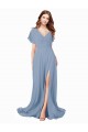 Großhandel Staubiges Blau A-Linien V-Ausschnitt Chiffon Lange Brautjungfernkleider / Abiballkleider