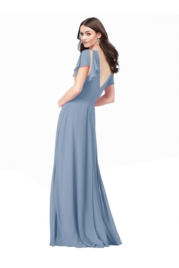 Großhandel Staubiges Blau A-Linien V-Ausschnitt Chiffon Lange Brautjungfernkleider / Abiballkleider