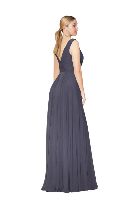 Großhandel Staubiges Blau A-Linien V-Ausschnitt Chiffon Lange Formale Brautjungfernkleider / Abendkleider / Abiballkleider