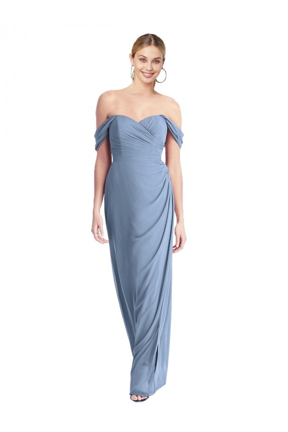 Großhandel Staubiges Blau Meerjungfrau Off-Schulter Chiffon Lange Brautjungfernkleider