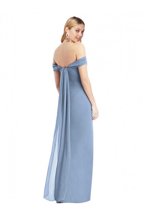 Großhandel Staubiges Blau Meerjungfrau Off-Schulter Chiffon Lange Brautjungfernkleider