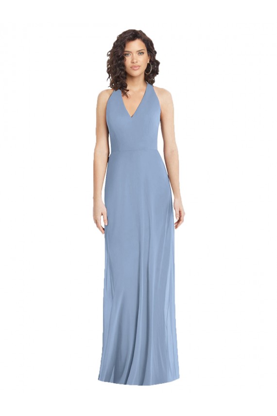 Großhandel Staubiges Blau Trompete Neckholder V-Ausschnitt Chiffon Lange Formale Brautjungfernkleider / Abendkleider