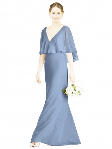 Großhandel Staubiges Blau Trompete V-Ausschnitt Chiffon Lange Brautjungfernkleider