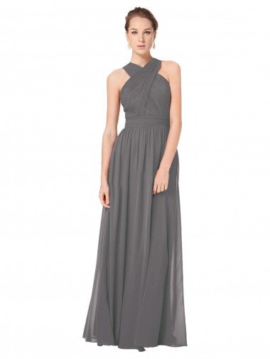 Großhandel Stormy Silver A-Linien Neckholder Chiffon Lange Brautjungfernkleider