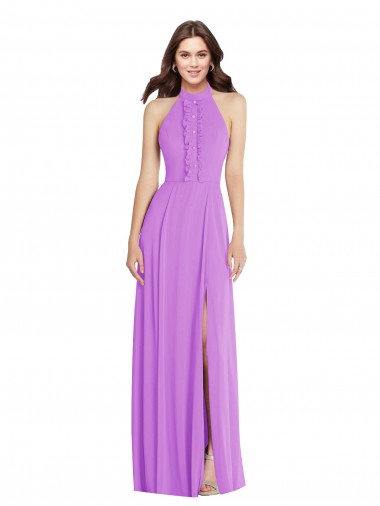 Großhandel Violett A-Linien Neckholder Chiffon Lange Formale Brautjungfernkleider / Abendkleider
