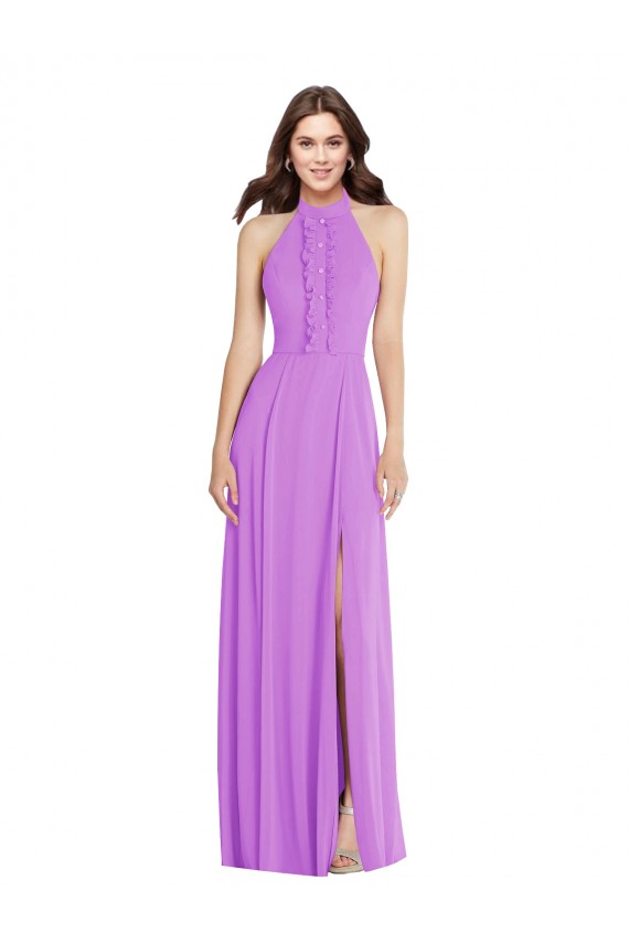 Großhandel Violett A-Linien Neckholder Chiffon Lange Formale Brautjungfernkleider / Abendkleider