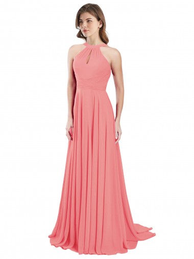 Großhandel Wassermelone A-Linien Neckholder Chiffon Lange Brautjungfernkleider