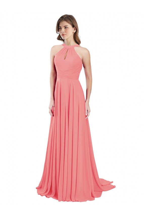 Großhandel Wassermelone A-Linien Neckholder Chiffon Lange Brautjungfernkleider