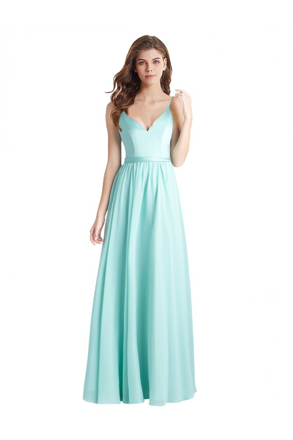 Großhandel Waterfall A-Linien V-Ausschnitt Chiffon Satin Lange Brautjungfernkleider