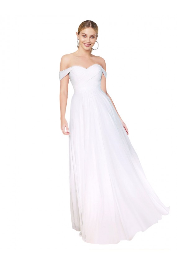 Großhandel Weiß A-Linien Off-Schulter Chiffon Lange Formale Brautjungfernkleider / Abendkleider / Abiballkleider