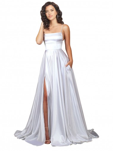 Großhandel Weiß A-Linien Spaghetti-Träger Stretch-Satin Einfache Strand Brautkleider