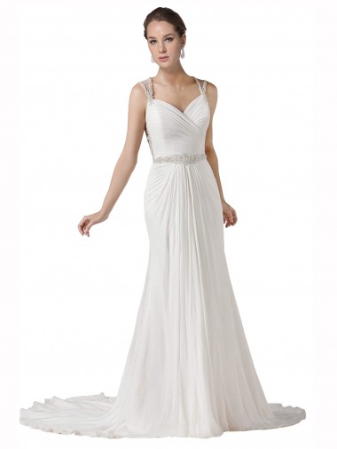 Großhandel Weiß Etui Kapelle-schleppe Chiffon Strand Brautkleider