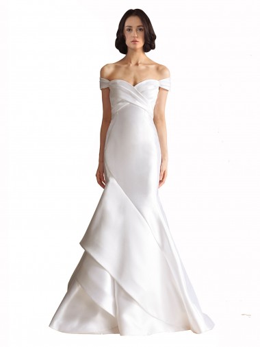 Großhandel Weiß Meerjungfrau Off-Schulter Kapelle-schleppe Satin Strand Brautkleider