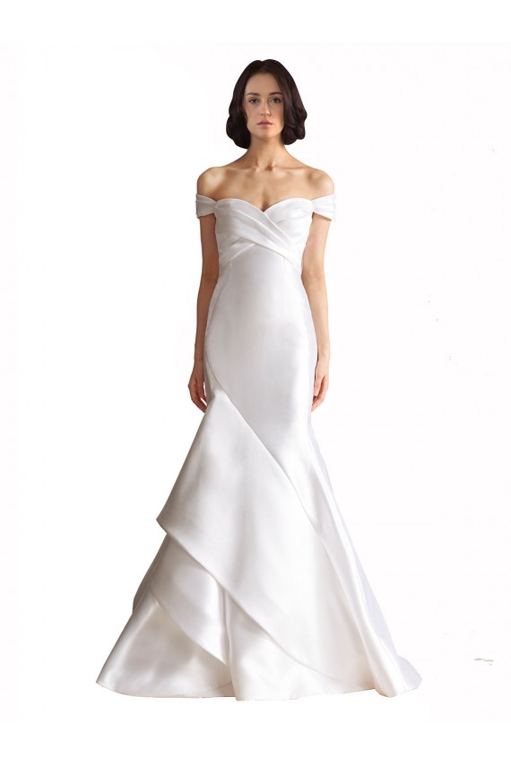 Großhandel Weiß Meerjungfrau Off-Schulter Kapelle-schleppe Satin Strand Brautkleider
