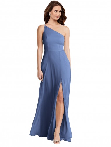 Großhandel Windsor Blau A-Linien Eine-Schulter Chiffon Lange Formale Brautjungfernkleider / Abendkleider