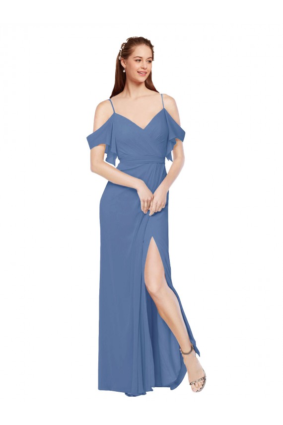 Großhandel Windsor Blau A-Linien Off-Schulter Chiffon Lange Brautjungfernkleider