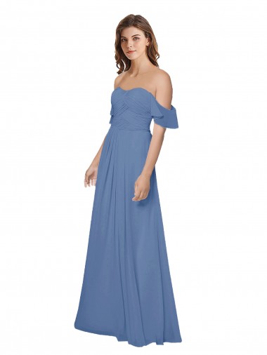 Großhandel Windsor Blau A-Linien Off-Schulter Trägerlos Chiffon Lange Brautjungfernkleider