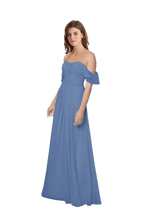 Großhandel Windsor Blau A-Linien Off-Schulter Trägerlos Chiffon Lange Brautjungfernkleider