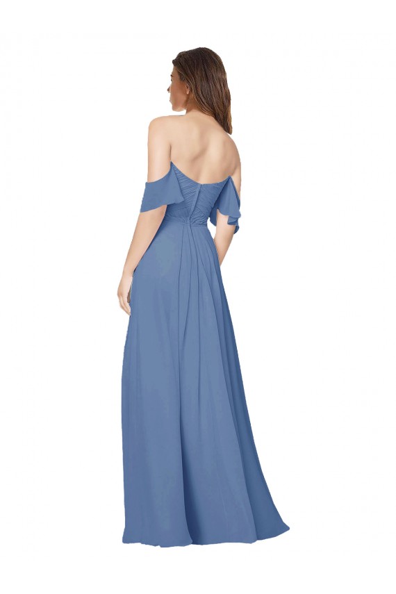 Großhandel Windsor Blau A-Linien Off-Schulter Trägerlos Chiffon Lange Brautjungfernkleider